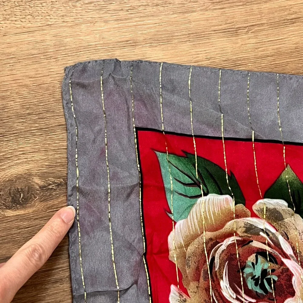 Oscar De La Renta Red Floral Silk Scarf Metallic Threading